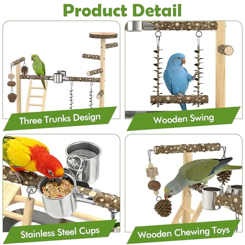 Bird Playground，Natural Wood Bird Perch Stand Parakeet Playground with Swing, Ladder & Feeder Cups，Birds Play Stand for Cockatiel Parakeet Lovebirds Conure - size: 1 layer T2