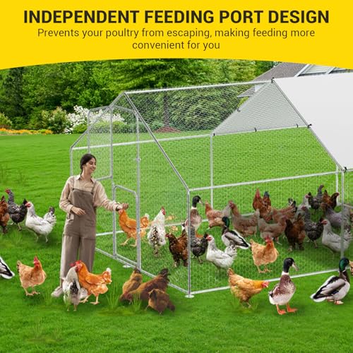 Takywep Walk-in Metal Chicken Coop, 9.8×13.1×6.6FT Galvanized Poultry Cage with Spire Roof, Waterproof UV Cover & Dual Doors, Heavy Duty Large Hen House for Backyard Farm, Suitable for Duck Quail - size: 9.8' x 13.1' x 6.6'