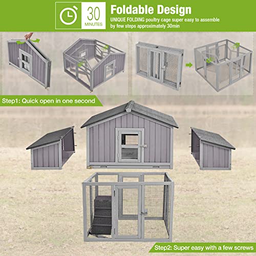 GUTINNEEN Chicken Coop with Run for 4-6 Chickens, 26ft² Large Hen House with Nesting Box, Foldable Poultry Cage with Pull Out Tray and Waterproof Roof, Easy to Assemble - color: Grey with Run 26.4ft²