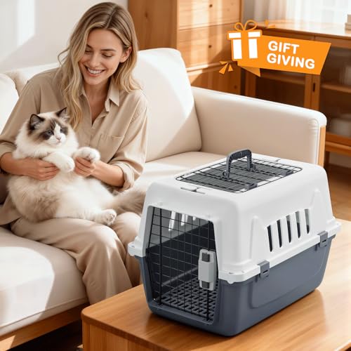 22-Inch Dog Crate Plastic 2-Door Top Loading Cat Carrier, Hard-Sided Dog Travel Carrier for Small Dogs and Cats, Ventilation and Security Lock Design for Pets up to 22 lbs (Grey)