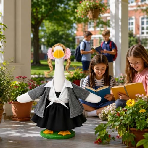 Bolsome Back to School Porch Goose Outfits School Uniform Dress with Pigtails Fits 23" Cement Plastic Goose Statue for Outdoor Garden Lawn Yard Patio Decor
