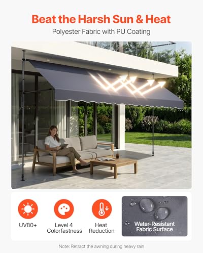 VEVOR Manual Retractable Awning, 157" x 59" Outdoor Patio Awnings Sunshade Shelter with 43"-59" Retractable Side Bar, No Drill Height Adjustable, Crank Handle for Backyard, Balcony, Dark Gray - size: 157x59 in