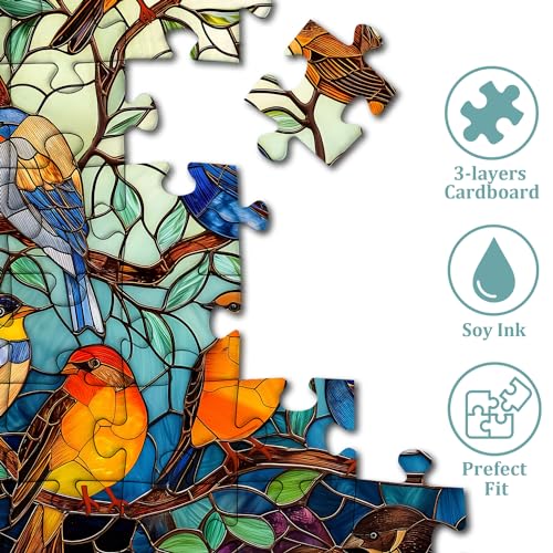 Stained Glass Puzzle Bird Puzzles for Adults 1000 Pieces, Colorful Round Bird Tree Jigsaw Puzzle, Impossible Hard Difficult Puzzles for Adults, Challenging Puzzles as Home Wall Decor - style: Z-611-Stained Glass Bird