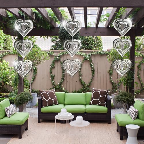 9 Pack Heart Shaped Mirror Reflective Hanging Wind Spinners, Stainless Steel 360° Swivel Decorative Discs, Weather Resistant Outdoor Ornaments for Yard, Patio, Balcony & Garden - color: Heart-shaped Silver White