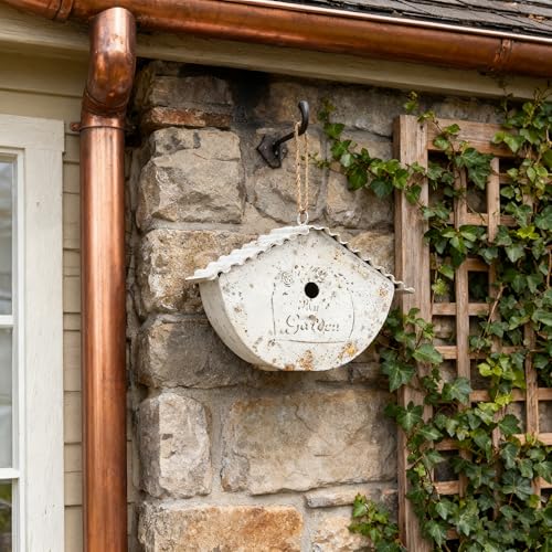 Vintage - Style Decorative Birdhouse, Rustic Metal Bird House with My Garden Distressed Finish, Hanging Bird Home for Garden and Outdoor Decor (White - Garden) - color: White - Garden