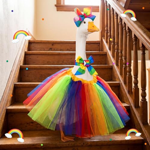 Abbylike Rainbow Porch Goose Outfit Pride Goose Outfit LGBTQ Lawn Geese Costume Clothes with Bow Headband and Tie Fits 23" Cement Geese Statue for Pride Month Outdoor Garden Yard Patio Art Decor - style: Halloween Rainbow