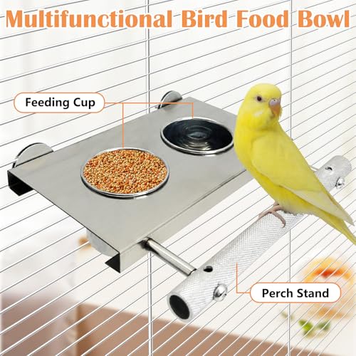 Stainless Steel Bird Feeder Hanging Parrot Feeder Bowl with Perch Stand Removable Food and Water Cups Bird Cage Accessories for Parakeet Cockatiel Budgie Conure