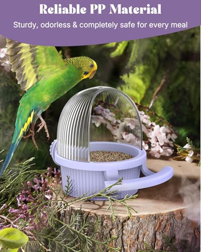 Pawfly No Mess Bird Feeder with Water Dispenser, Food and Water Bowl for Parakeet, Parrot, Cockatiel, Budgie and Lovebird, 4" D x 5.5" H Bird Cage Feeder - color: Purple