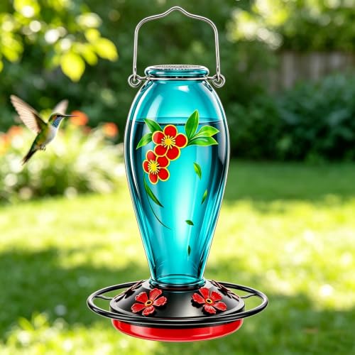 24 OZ Hummingbird Feeder for Outdoors Hanging, | Heavy-Duty Thick Glass Bird Feeder with Floral Decals, Leak-Resistant Metal Base with 5 Feeding Ports & Perch - color: Blue