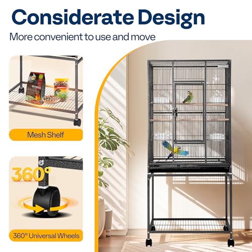 VIVOHOME 54 Inch Wrought Iron Large Bird Cage with Rolling Stand | Bird Flight Cage with Stand, Casters, Slide-out Tray for Parakeets Canaries Parrot Cockatiels Lovebirds Conures, Black - color: Black