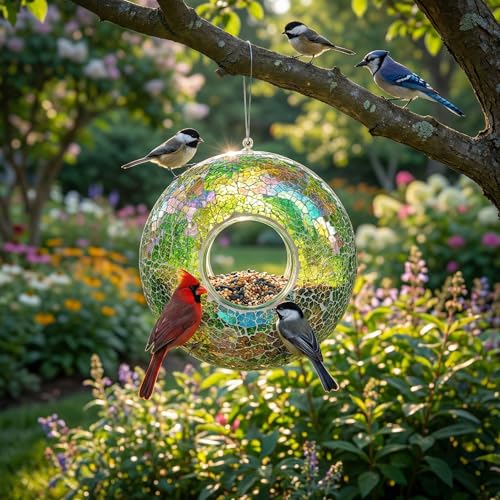 DUSVALLY Hanging Bird Feeder, 9 Inch Mosaic Glass Fly Through Bird Feeder | Mosaic Glass Bird Feeder • Fly Through Design • Hanging Outdoor Feeder • Drainage Hole • Easy to Fill & Clean - color: Green