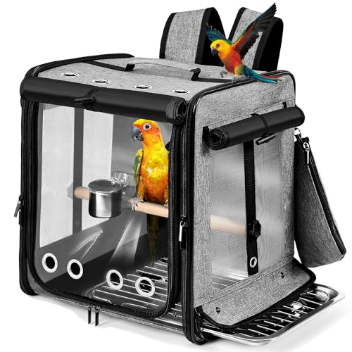 Bird Carrier with Seat Belt for Car Travel, Bird Backpack Carrier with Indestructible Stainless Steel Mesh, Large Bird Carrier Travel Cage, Grey - color: Grey, size: 13.5"L x 10.0"W x 15.5"H