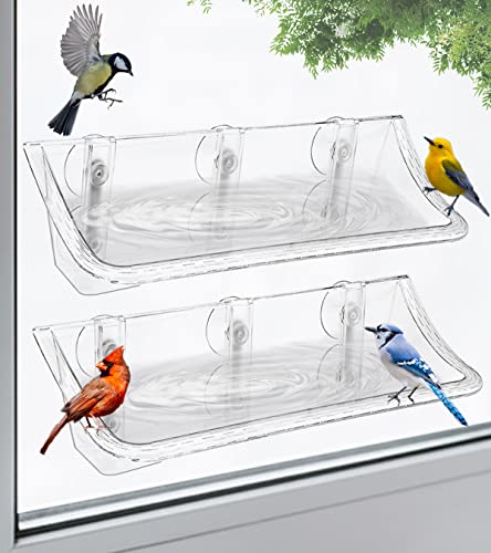Clear Window Mounted Bird Feeder Bath, 2 Pack | Transparent Glass Birdfeeder Birdbath with Strong Suction Cups for Cats, Kids, Elderly Viewing Outside