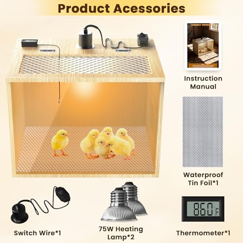 Chicken Brooder Box for Chicks Starter Kit, 16 Inch Wooden Chicken Brooder Box with 75W Heating Lamps, Thermometer and Tin Foil, Poultry Breeding Kit, for 5-7 Chicks Ducks Quail Hamsters