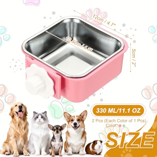 Crate Dog Bowl, Removable Stainless Steel Pet Cage Hanging Anti-Overturn Food Water Feeder Cage Cup (2Pcs, Square, Pink/Green, 11.1oz), Intended for Puppies/Cat/Rabbit/Bird - color: Pink/Green, size: 4.7"(11.1oz)