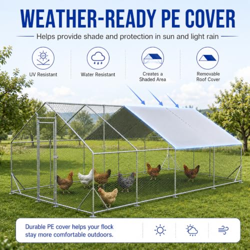 Large Metal Chicken Coop Run with Removable PE Cover, Walk-in Galvanized Steel Poultry Enclosure with PVC-Coated Wire Mesh and Lockable Door for Chickens, Ducks and Rabbits (10'Lx26' W x6.56' H) - size: 312.0"L x 120.0"W x 78.7"H