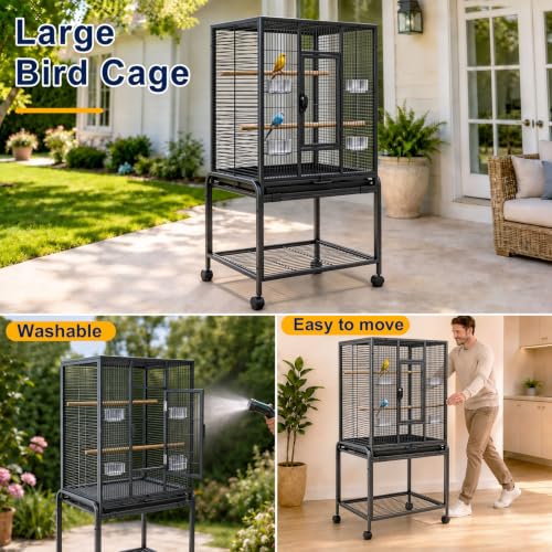 54-Inch Bird Cage with Horizontal Wire Design, Wrought Iron Bird Flight Cage with Rolling Stand, and Slide-Out Tray Suitable for Parrot, Cockatiel, Lovebird, Finch, Pigeon.