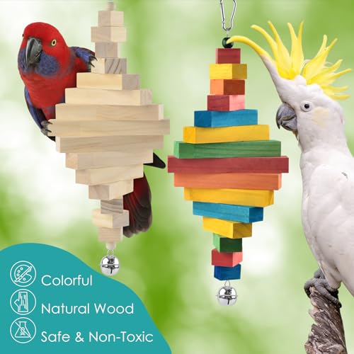 DBNESS 2 Pcs Bird Toys, 15.94in Large Parrot Foraging Toys for Beak Grinding, Wooden Block Bird Chewing Toys for Macaws Eclectus Cockatoo African Greys Amazon Parrots - size: 15.94in