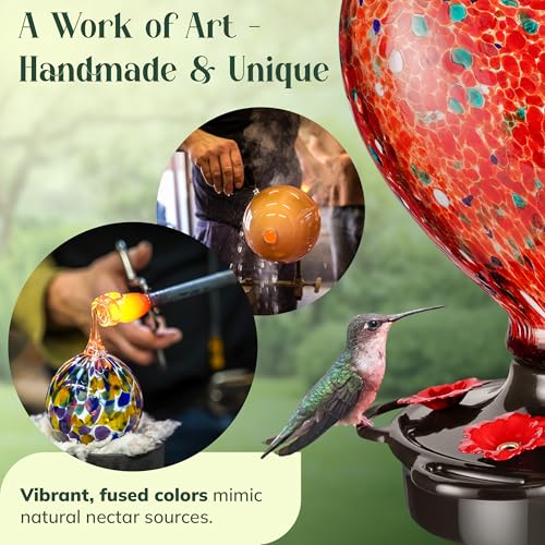 Hand Blown Glass Hummingbird Feeder for Outdoors All Season Use - 28 Fl. Oz. Leak Proof Hummingbird Feeder with Rust Proof Base - Includes Ant Moat, Ant & Bee Proof (Red) - color: Red
