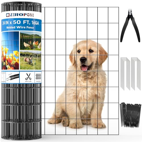 Black PVC Coated Welded Wire Fence 24 in x 50 Ft for Yard Plant Protection | 2 x 3 Inch 16GA Garden Border Fencing Roll Metal Wire Mesh Animal Barrier Fence for Dog Poultry Netting - size: 24in x 50ft