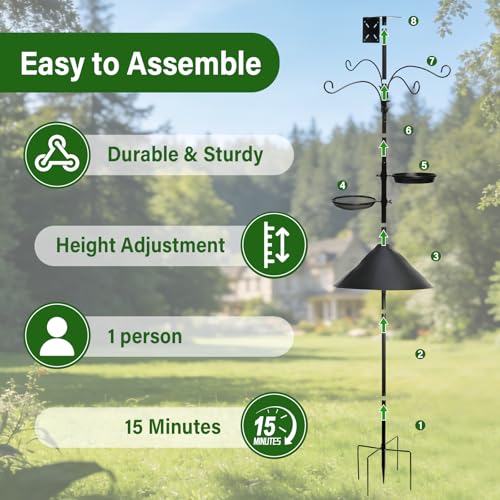 99 Inch Bird Feeder Pole with Squirrel Baffle, 360° Rotating Heavy Duty Bird House Pole for Outdoors Garden Yard, Adjustable Height Bird Feeder Stand with Shepherds Hooks Metal Trays
