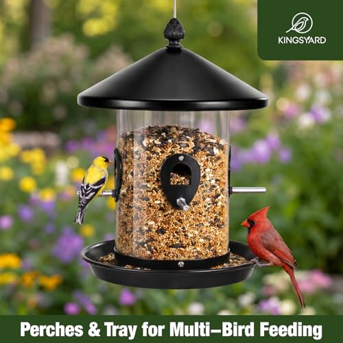Kingsyard Large Metal Bird Feeder for Outdoors Hanging, Tube Bird Feeders | Squirrel Chew Proof, 4 1/2 Cups Capacity, 8 Ports, 360° Seed Tray, Weatherproof, Easy to Clean & Refill, For Cardinal, Black