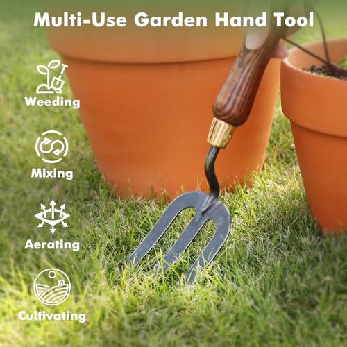 RESTMO Garden Hand Fork, Weeding, Planting, Cultivating, Brown | Heavy duty thickened hand weeding fork. For planting, removing plants, turning soil, weeding, cultivating. - size: Gardening Hand Fork