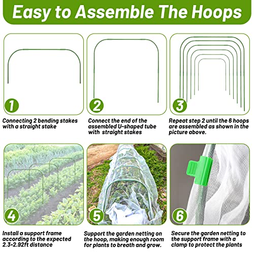 67pcs Garden Mesh Netting Kit, 6 Sets Wide Garden Hoops with Garden Covers | 10x20 ft Bird Netting & 12 Clips, Garden Protection for Raised Beds, Greenhouse, Vegetable Plants, Flowers, Animals - color: White+green