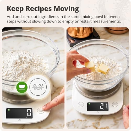 Greater Goods Digital Kitchen Scale for Baking, Sourdough, 11lb Capacity | Weigh Flour, Sugar & Batter in g, oz, ml or fl oz, Tap to Tare, Hold Function & Auto-Off, Stainless Steel Top & Storage Bag - color: White