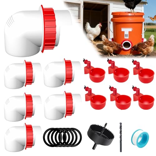 6-Port DIY Chicken Feeder and Waterer Kit, No-Waste Automatic Gravity Poultry Feeder-Spill-Proof, Rain-Proof Design for Buckets, Barrels, Bins, Troughs