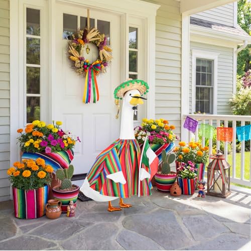 Abbylike Cinco De Mayo Porch Goose Outfit 4 Pcs Mexican Fiesta Yard Goose Costume for 23 Inch Cement Porch Geese, with Sombrero Beard Flag for Outdoor Garden Patio Statue Decor - style: Mexican Fiesta Beard