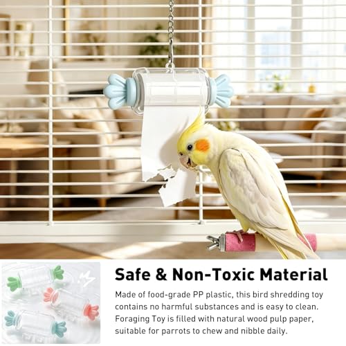 Parrot Foraging Toy, Bird Shredding Toy with Replaceable Paper Roll, Food Grade PP Chewing Toys for Cockatiel Budgie Conure Parakeet, Bird Cage Boredom Relief Enrichment Toys (Pink) - color: Pink
