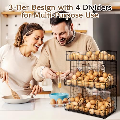 Egg Holder Countertop, 3-Tier Egg Rack, Stackable Wire Baskets | 3 iron baskets; 7 labels; 4 adjustable dividers; stackable or wall mounted - color: Black