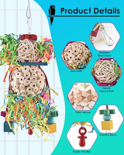 Bissap 2PCS Bird Parrot Foraging Shredder Hanging Toys Sola Balls Sepak Takraw with Pacifier for Small Parrots Parakeets Conures Cockatiels Love Birds Cage Toy - size: 2 PCS