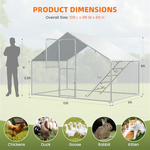 UDPATIO Large Metal Chicken Coop Walk in, Outdoor Heavy Duty Chickens Pen Run w/Cover for 10-15 Chickens - Predator Proof Poultry House | Double Feed Door UV-Resistant Cover Galvanized Outdoor Cage for Bird Duck Rabbit Hen 6-10 Silvery-metal 1PCS - size: