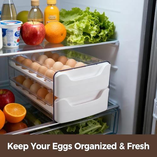 Egg-Holder for Fridge, Fits Small to Large Eggs, White | 36 Egg-Storage for Refrigerator Countertop, 2 Tier Dispenser with Drawer, Stackable Clear Egg Tray Container - size: 2 Tier-White