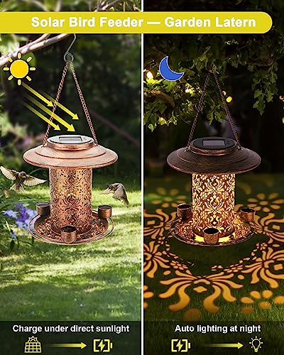 Solar Bird Feeders for Outdoors, Metal Hanging Bird Feeder with 3 Water Cups,Rust Resistant, Solar Garden Lantern for Outdoors Decor,The Perfect Choice for Gift(2.5LB)