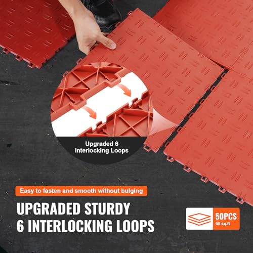VEVOR Garage Floor Tiles 12 x 12 x 0.53 inch, Interlocking Design Ease of Installation Double-Sided Texture Non-Slip Sturdiness, for Garages, Basements, Repair Shops, Red, 50 Pack | Easy Installation, Double-Sided Texture Non-Slip Sturdiness, Polypropylen