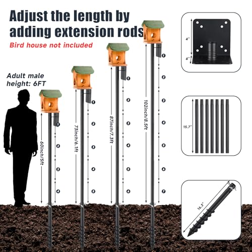 Bird House Pole, 102" Adjustable Bird Feeder Pole with Stand Stake, Heavy Duty 1.2 Inch Diameter Metal Bird Mounting Pole for Yard Garden Outdoors Park, Bluebird, Hummingbird, Black - size: 102 Inches