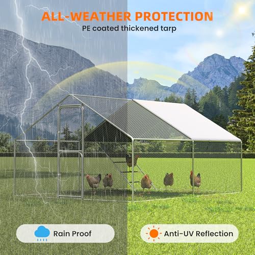UDPATIO Large Metal Chicken Coop, Spacious Walk in Run Pen for 10-20 Chickens with Double Feed Door, UV-Resistant Cover, Galvanized Frame - Duck & Rabbit Hen House | Double Feed Door UV-Resistant Cover Galvanized Frame Outdoor Cage for Bird Duck Rabbit He