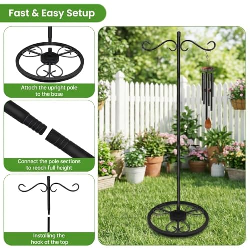 58'' Double Shepherds Hooks for Outdoor, Adjustable Shepherds Hook Stand with Base for Wind Chimes, Hummingbird Feeders, Indoor Outdoor Garden Patio Home Décor