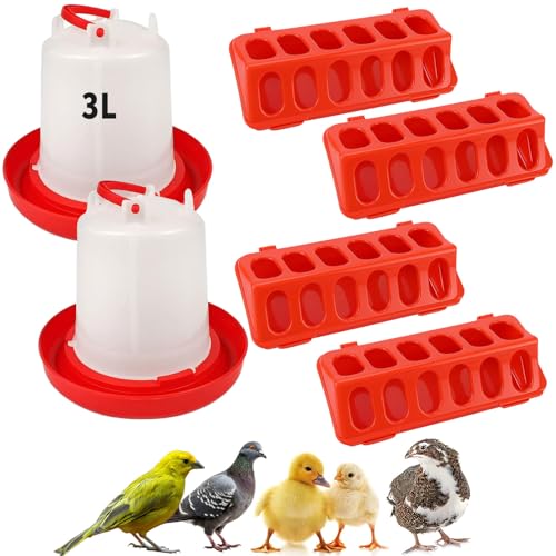 Oncpcare Poultry Feeder and Waterer Set, 4 Pack Chick Feeders and 2 Pack 3L Chicken Waterers Combo Kit | No Spill, Easy Fill Design for Baby Chicks, Ducklings, Quail, Pigeons, Small Poultry Brooder