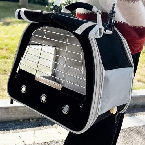 Bird Travel Carrier Cage, with Stainless Steel Metal Window and Wood Perch, Portable Bag for Cockatiel Parakeet Conure Green Cheek Budgie (Black, Steel Window) - color: Black