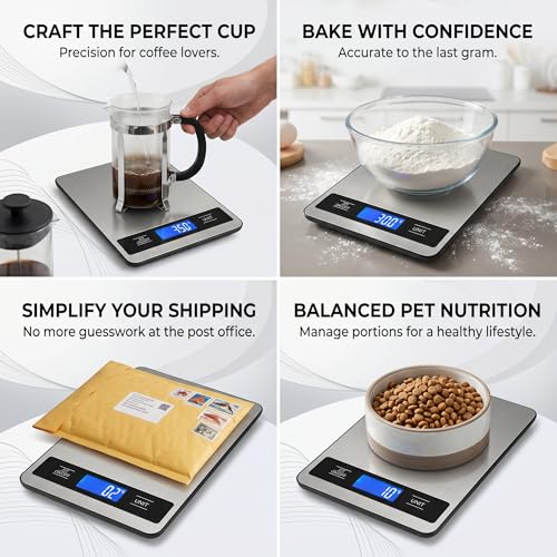 33lb/15kg Digital Food Kitchen Scale, Measuring Recipes Coffee Meat Baking | 1 Gram High Precision Stainless Steel Weight Scale with Timer, Tare & Unit Conversion (g/oz/ml/lb) for Cooking Bread Making