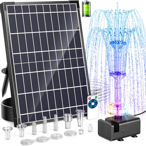 Antfraer 12W Solar Fountain Pump with 4200mAh Battery Backup& Remote RGB LED Lights, Floating Solar Water Fountain with 8 Nozzles & PVC Tubing for Bird Bath, Garden, Backyard, Outdoor Water Feature - style: 12W With Remote Lights