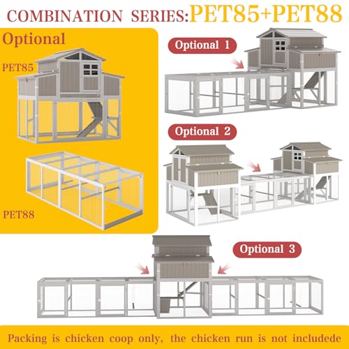 PetsCosset Large Chicken Coop Outdoor with Run, Expandable Hen House, Grey | with Sectionable 4 Nesting Boxes, Rabbit Hutch Poultry Bunny Cage for 2-4 Chickens with 4 Perches, Pull-Out Tray and Ramp
