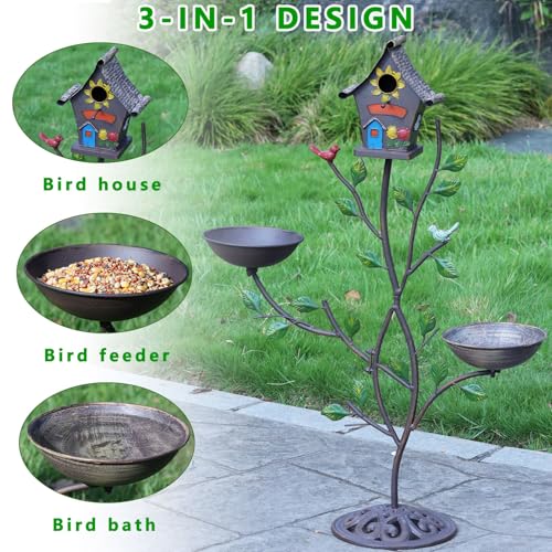 36.8" H Bird Houses for Outside, Metal Bird Bath,Birdhouses for Outdoors | 3-IN-1,Freestanding with Cast Iron Base Bird Feeder, Outdoor Garden & Courtyard Decoration