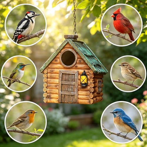 Bird Houses for Outside, with Hanging Chain, Wood-Look Resin Waterproof | Practical Birdhouses for Outdoors, Decorative Bird Cage, Garden Decor for Hummingbird, Bluebird, Cardinal and Other Bird - style: Wood-Look