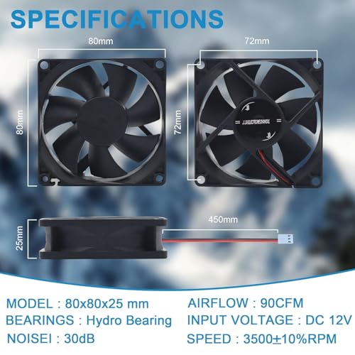 80mm IP56 Moisture-Proof Fan 2 Pack 12V DC RV Refrigerator Cooling Fans 3500RPM High Airflow Brushless DIY Fridge Fans Replacement(2 Wire 3 Pin)