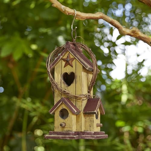 Glitzhome Birdhouses for Outdoors,Hummingbird Houses for Outside, 11.5"H Yellow Hand Painted Distressed Solid Wood Bird Nesting Box Decorative Birdhouse with Rattan Hanging Bird House for Patio Garden - color: 11.5"H